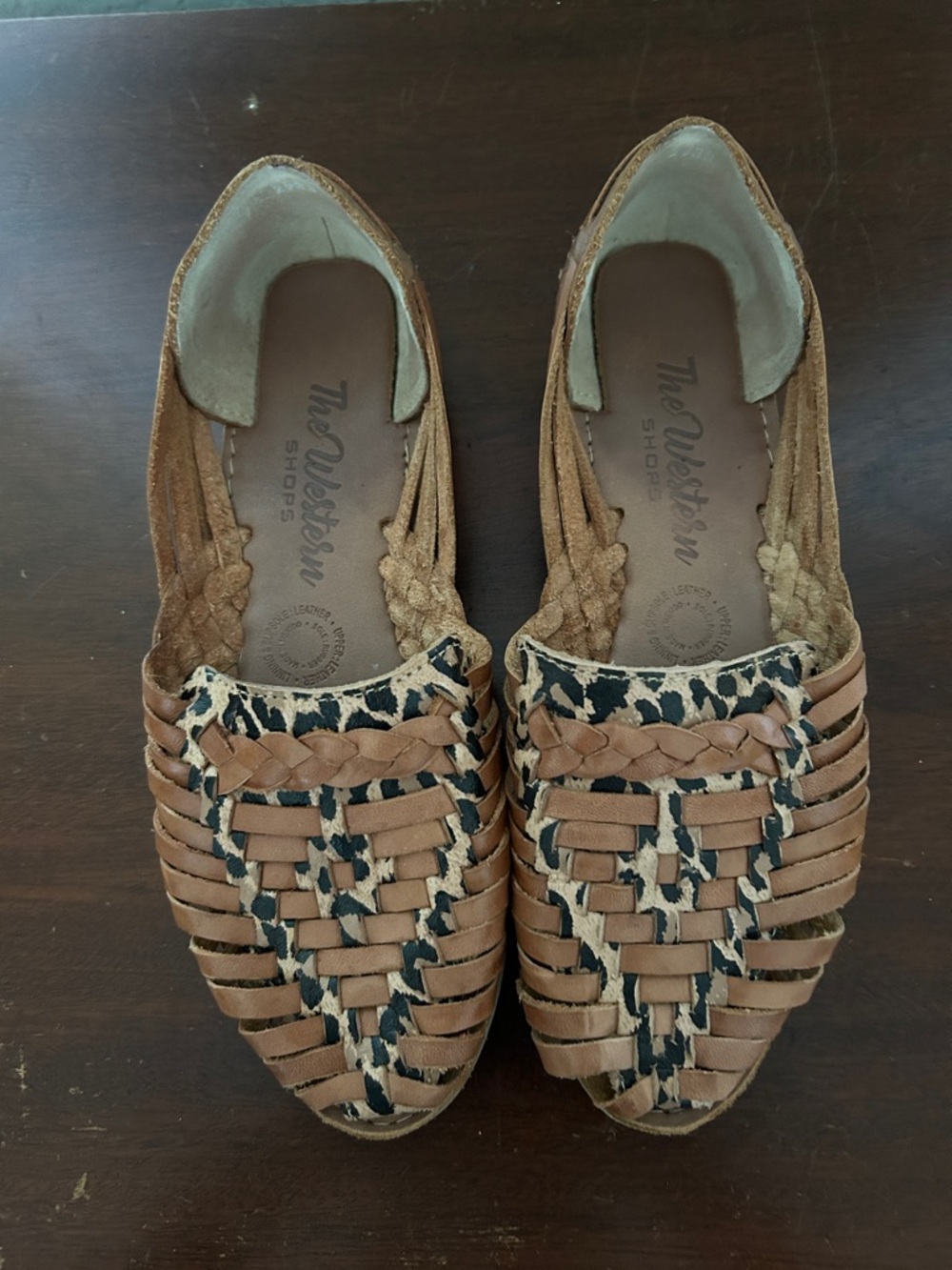 Women's Tan Braided Huarache Flats with Leopard Accent